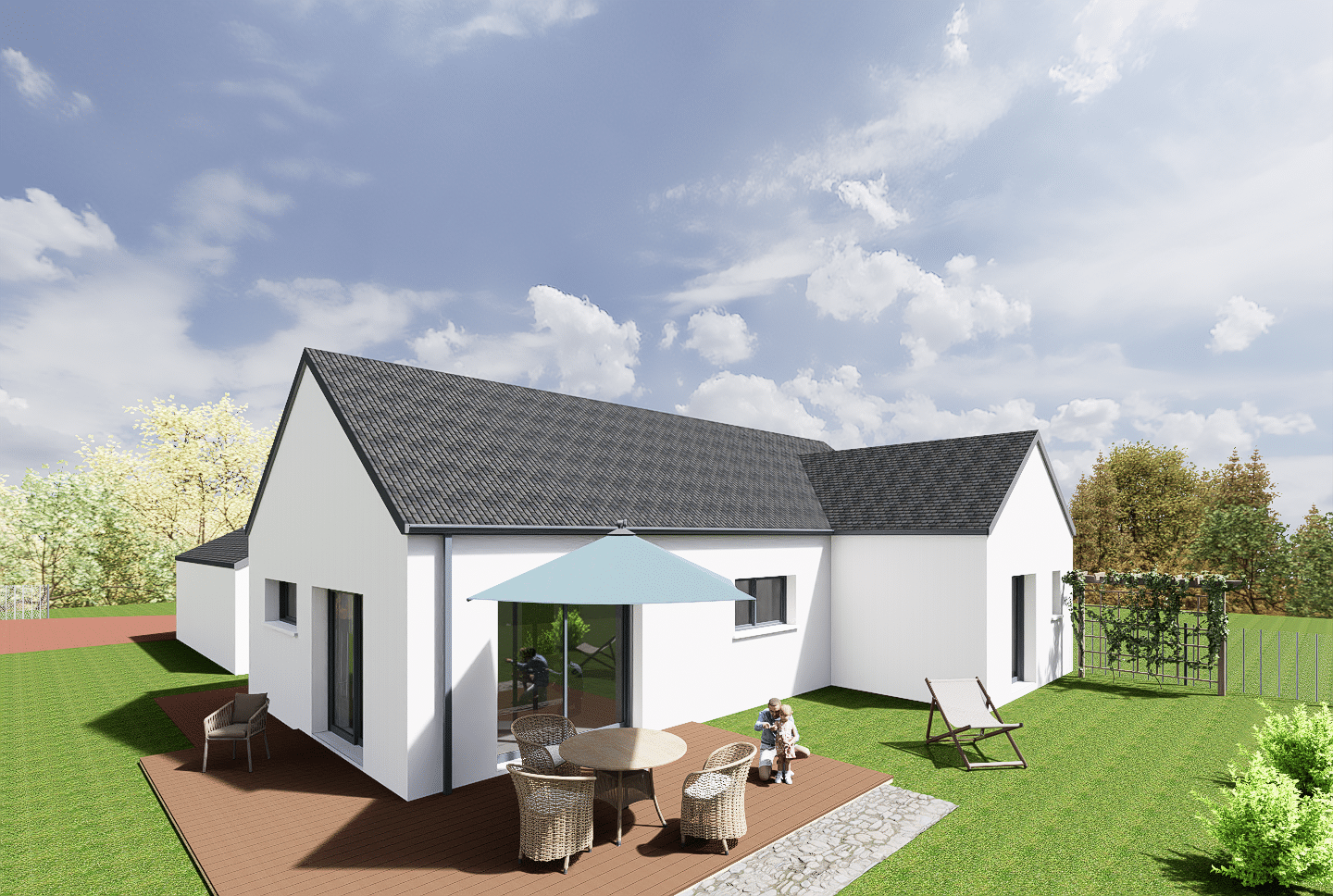 maison Angers plain-pied toiture 2 pans ardoise